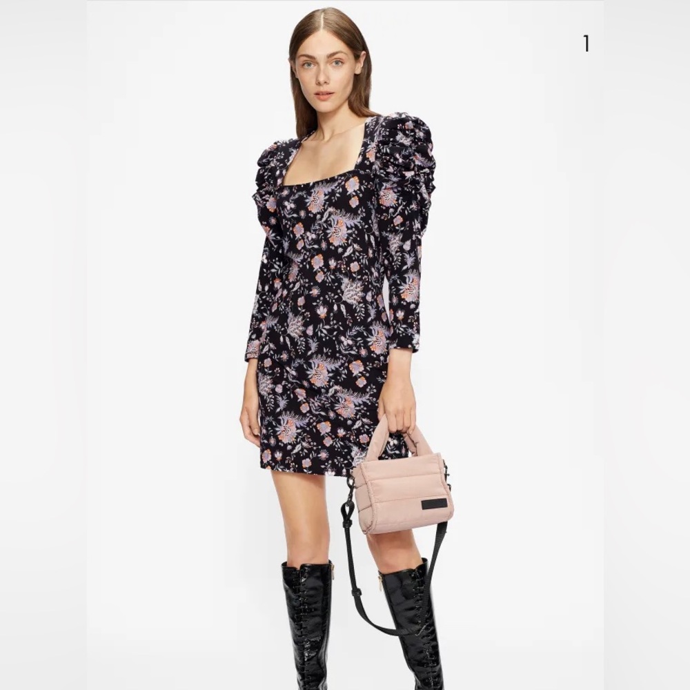 TED BAKER Dracena Square Neck Printed Mini Dress in Black. Ted:  4  US: 10- 12